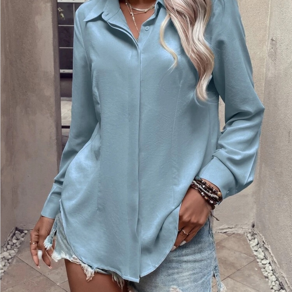 SHEIN Blue Button Down Relaxed Blouse
